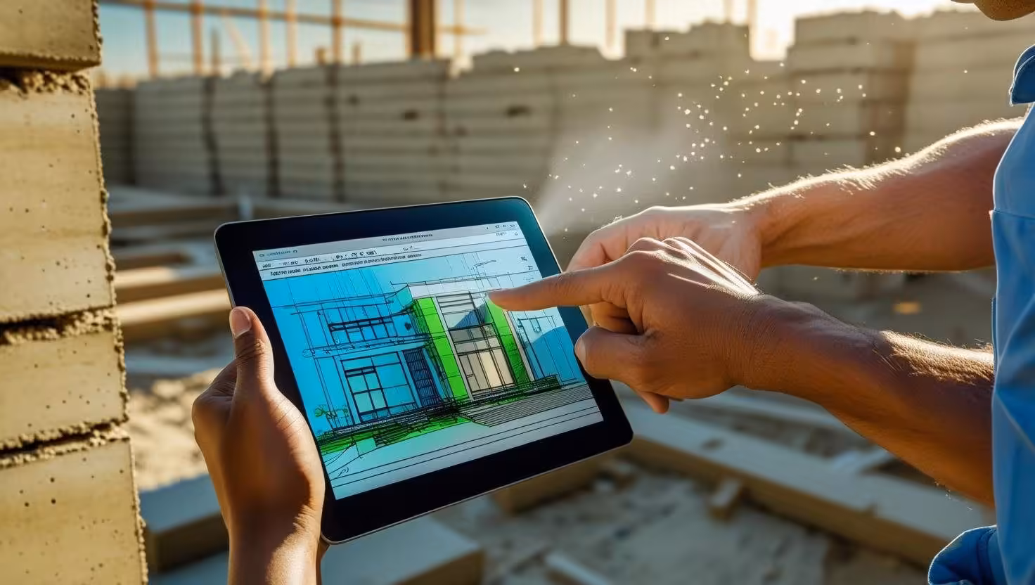 Engineer reviewing a building model on a tablet at an active construction site