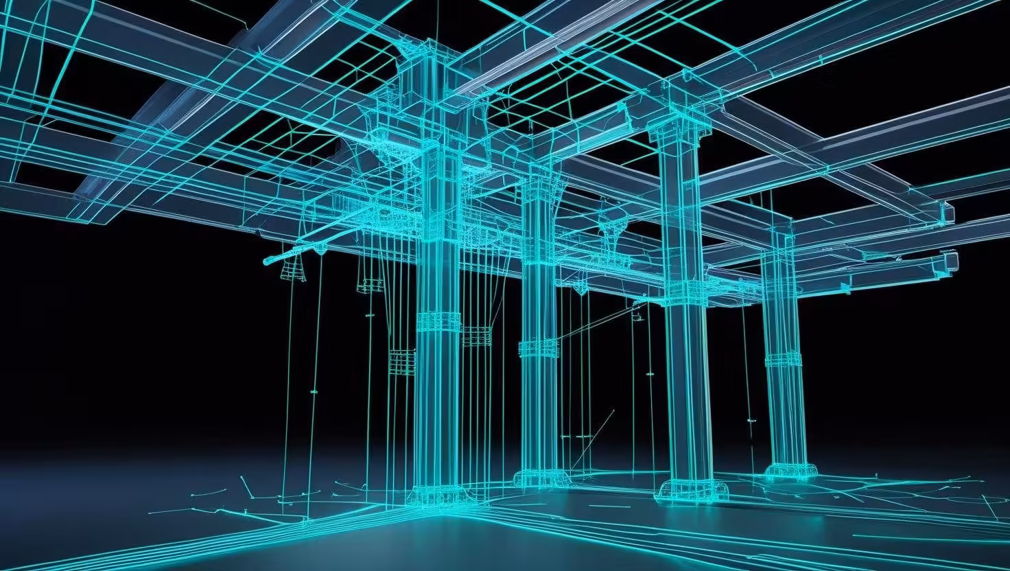 Structural BIM wireframe model showing columns, beams and building services