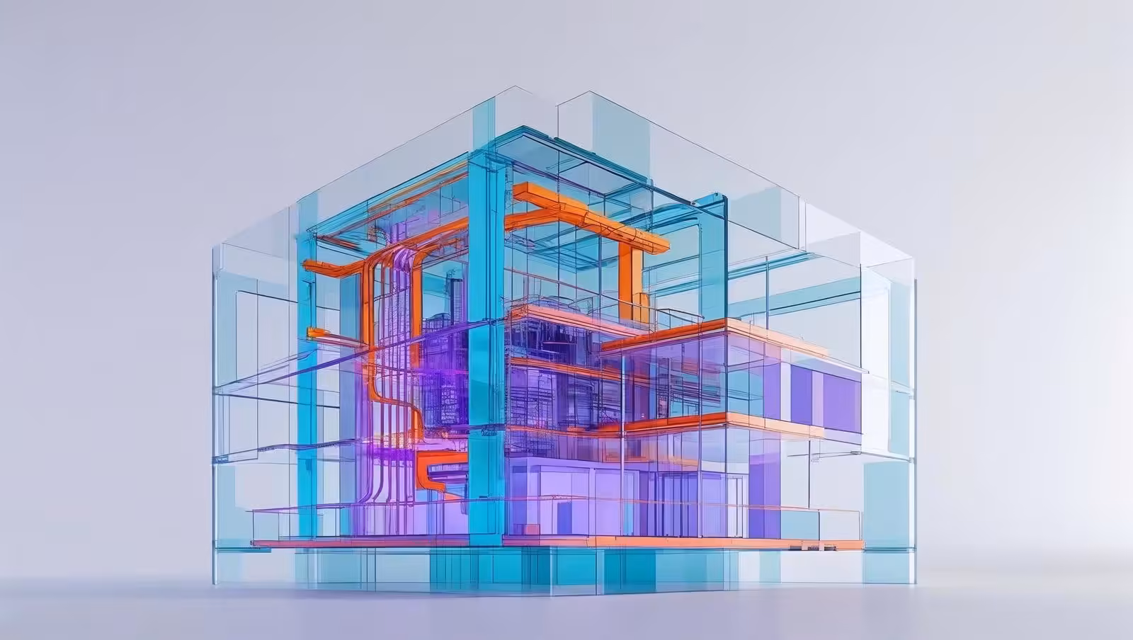 Color-coded BIM model showing coordinated building services and structural systems