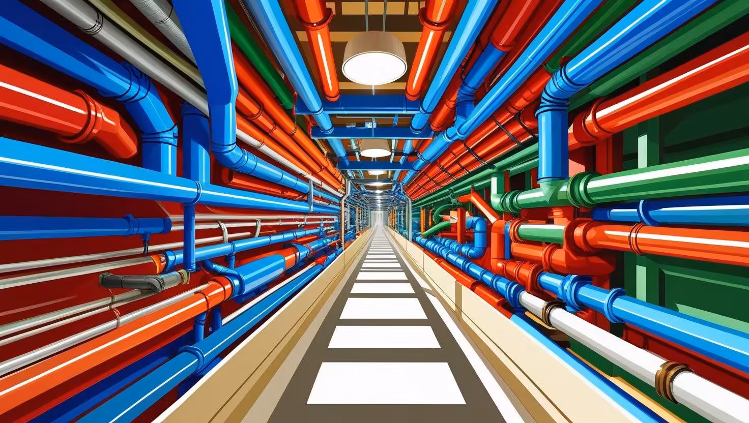 Color-coded building services pipes arranged along a maintenance corridor