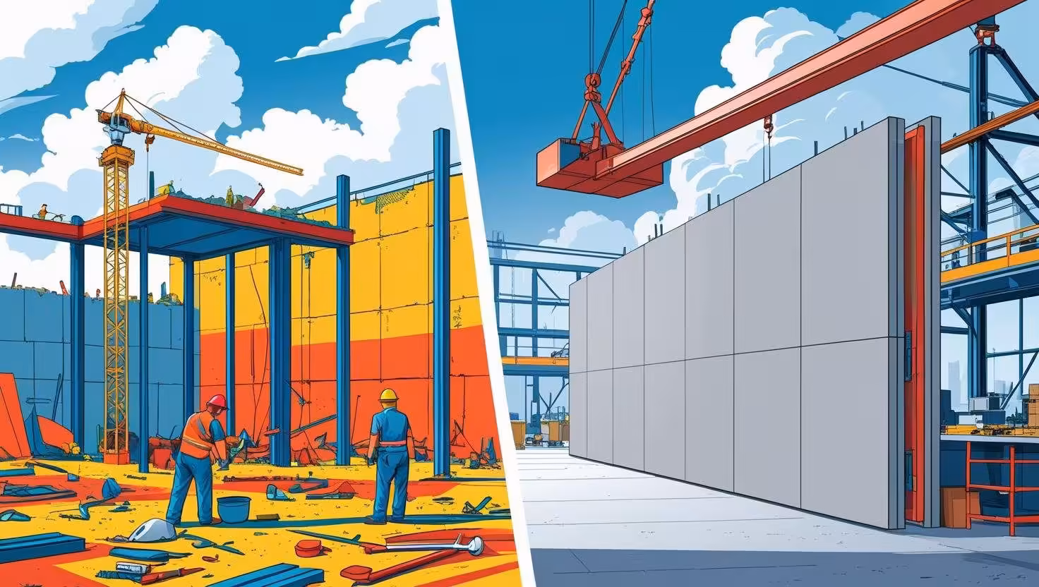 Illustration of precast wall panels being installed on a construction site