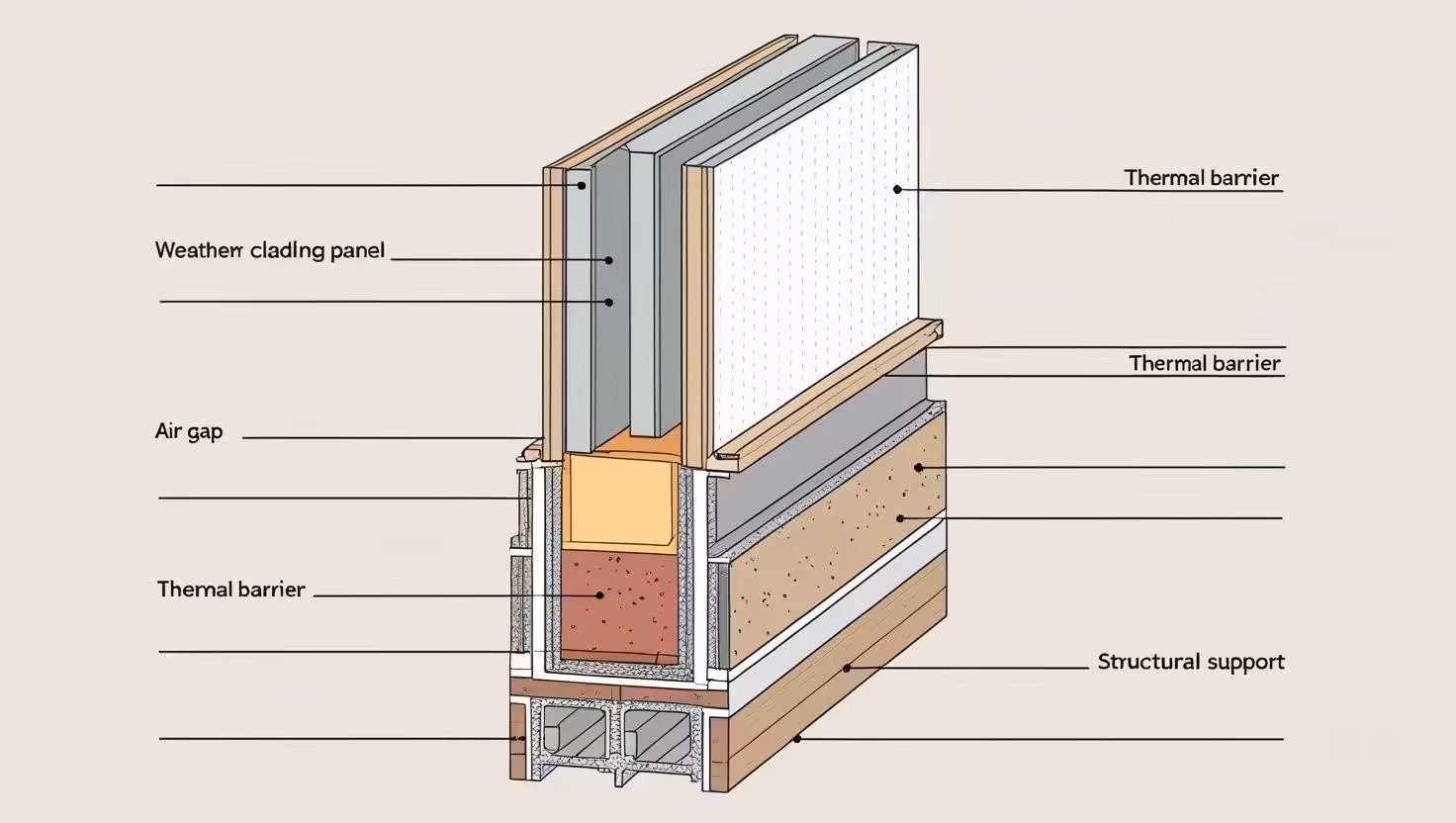 Technical wall section diagram showing cladding, insulation and structural support